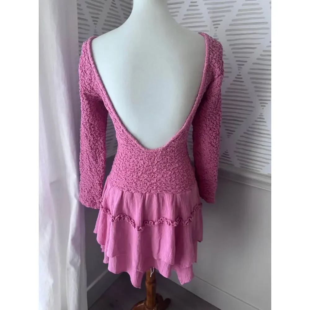 Free People Small Pink What A Time Drop-Waist Crinkle Stretchy Mini Dress